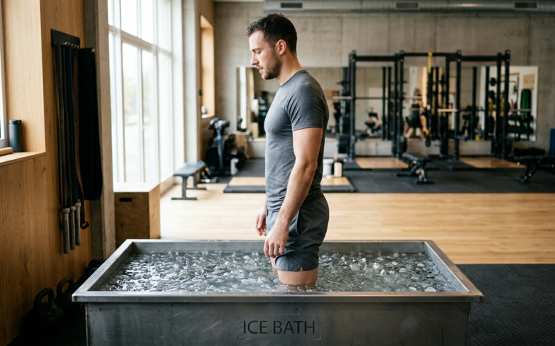 Sporter staat in een ijsbad in de sportschool met water tot de taille, gezien van opzij.