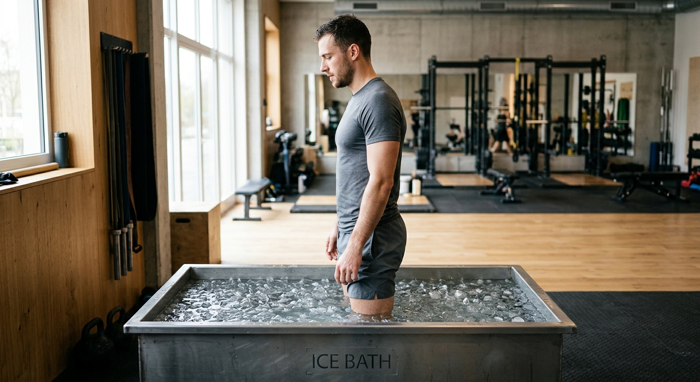 Sporter staat in een ijsbad in de sportschool met water tot de taille, gezien van opzij.