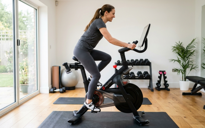 Persoon op hometrainer met correct zadelhoogte ingesteld, knie licht gebogen in laagste punt van trapbeweging.