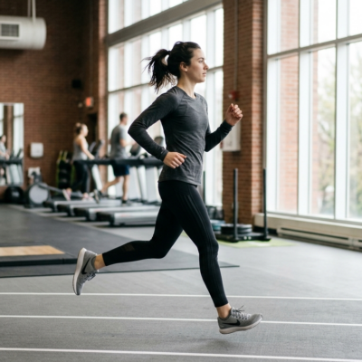 Atleet in sportkleding tijdens training in een fitnessruimte met natuurlijk licht van ramen.
