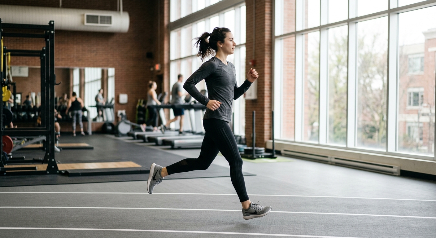 Atleet in sportkleding tijdens training in een fitnessruimte met natuurlijk licht van ramen.