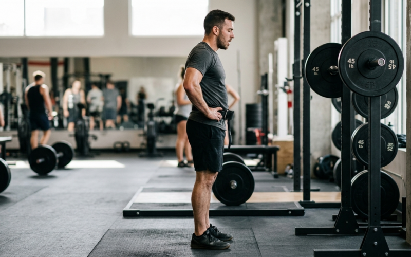 Een krachtatleet rust uit tussen trainingssets, zichtbaar focussed op ademhaling en herstel in een trainingshal.