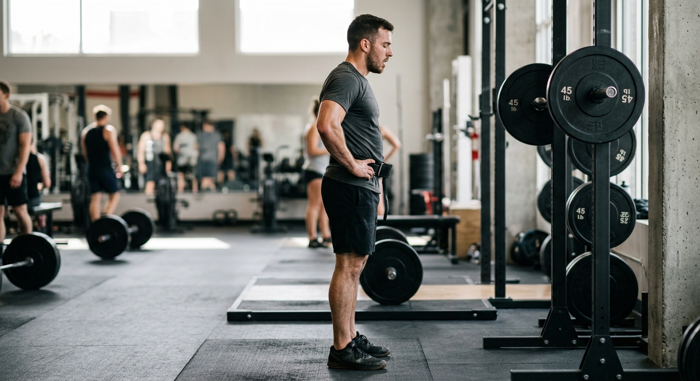 Een krachtatleet rust uit tussen trainingssets, zichtbaar focussed op ademhaling en herstel in een trainingshal.