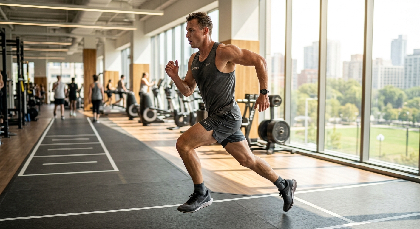 Atleet in beweging tijdens cardiotraining in een heldere sportomgeving met natuurlijk licht.