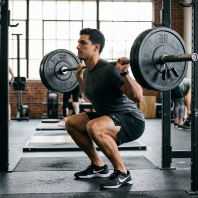 Atleet voert een gecontroleerde squat uit met halter, waarbij de spieren onder spanning staan tijdens de trainingsbeweging.