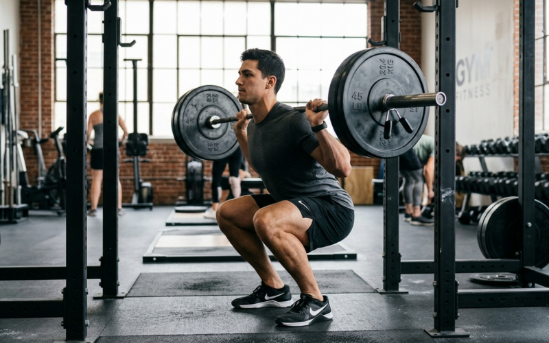 Atleet voert een gecontroleerde squat uit met halter, waarbij de spieren onder spanning staan tijdens de trainingsbeweging.