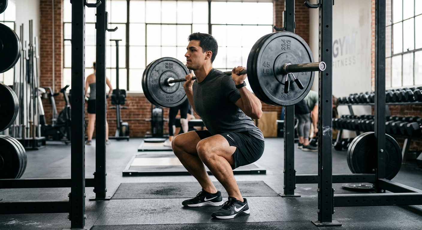Atleet voert een gecontroleerde squat uit met halter, waarbij de spieren onder spanning staan tijdens de trainingsbeweging.