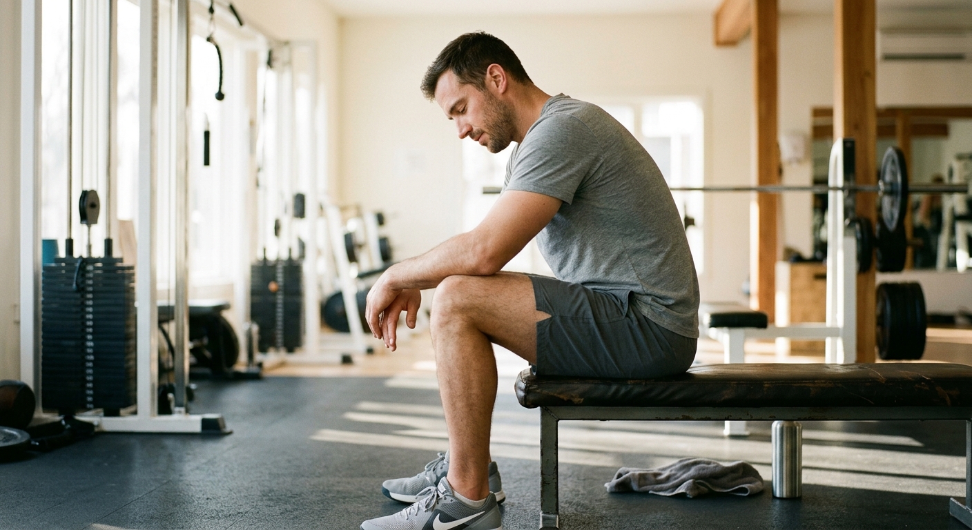Persoon rust uit op een trainingsbank in sportkleding, illustrerend het belang van herstel tussen trainingssessies.