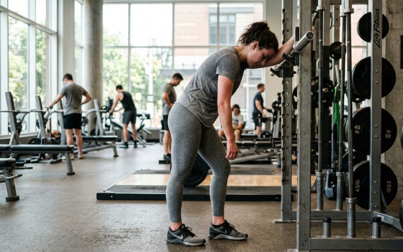 Vermoeide sporter leunt tegen trainingsapparatuur in de sportschool, illustrerend hoe herstel cruciaal is bij trainingsplatea