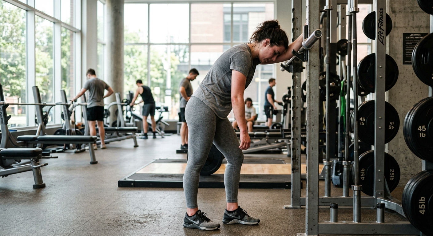 Vermoeide sporter leunt tegen trainingsapparatuur in de sportschool, illustrerend hoe herstel cruciaal is bij trainingsplatea