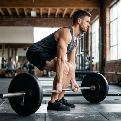 Atleet voert deadlift uit met halter in sportschool, met aandacht voor juiste houding en spieractivering.