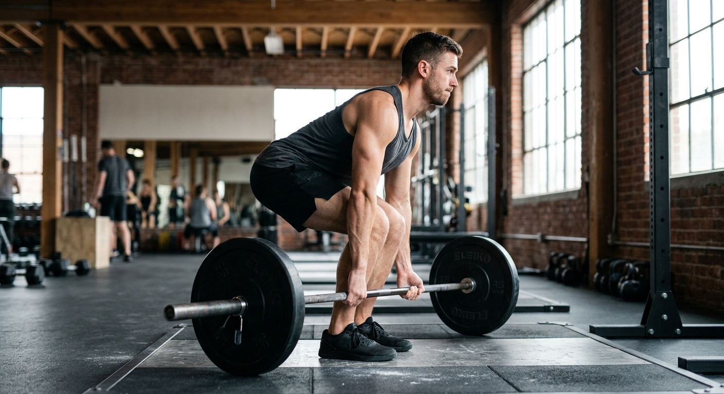 Atleet voert deadlift uit met halter in sportschool, met aandacht voor juiste houding en spieractivering.
