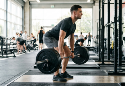 Sporter voert een krachttrainingsoefening uit in een gym met natuurlijk licht, gezien vanaf de zijkant.