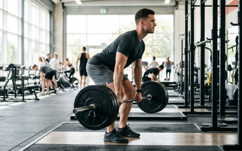 Sporter voert een krachttrainingsoefening uit in een gym met natuurlijk licht, gezien vanaf de zijkant.