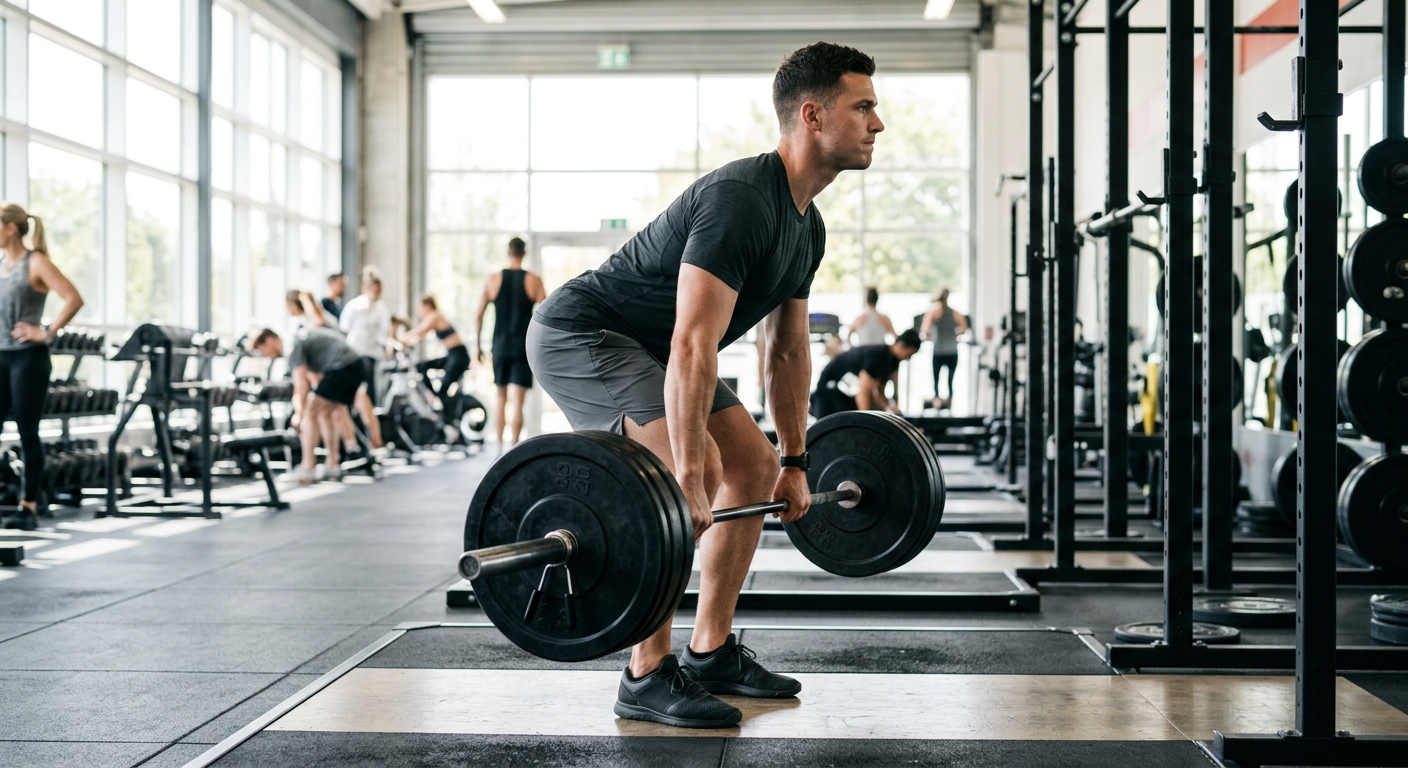 Sporter voert een krachttrainingsoefening uit in een gym met natuurlijk licht, gezien vanaf de zijkant.