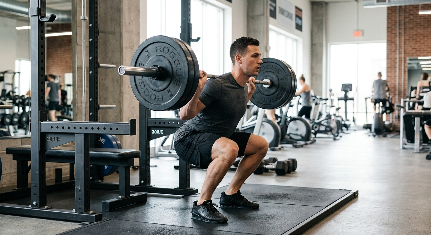 Man voert barbell squat uit met correcte techniek in een trainingshal met natuurlijk licht.