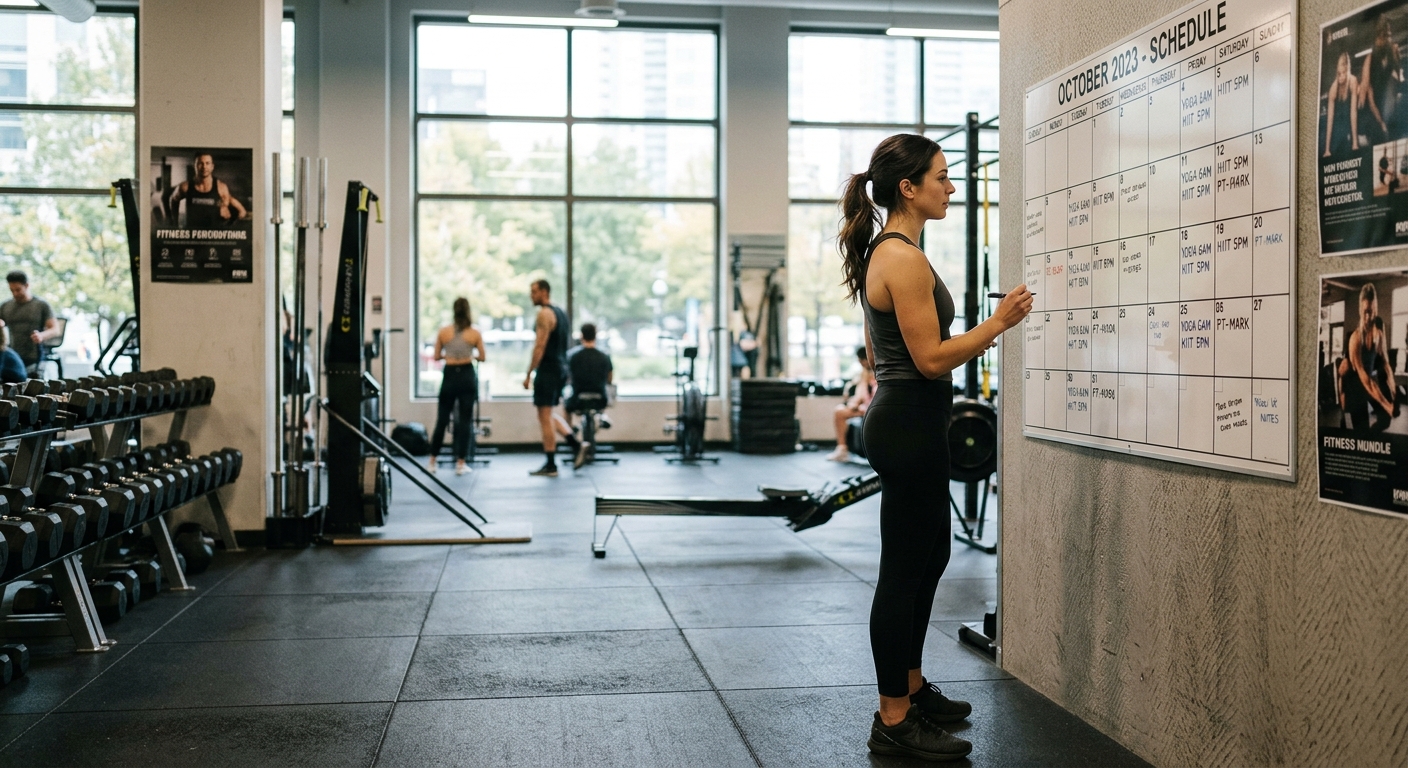 Sporter bekijkt een trainingsschema op een kalender in de gymzaal.