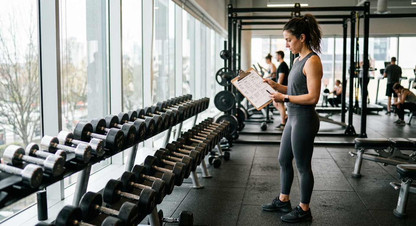 Persoon in sportkleding bekijkt een trainingsschema op een klembord in een gymnastiekruimte met halters.