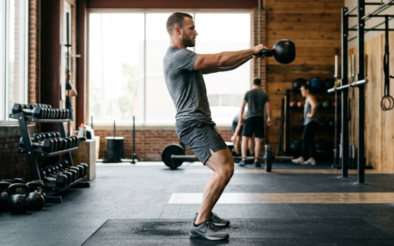 Sporter voert kettlebell swing uit met explosieve heupbeweging in sporthal met natuurlijk licht.