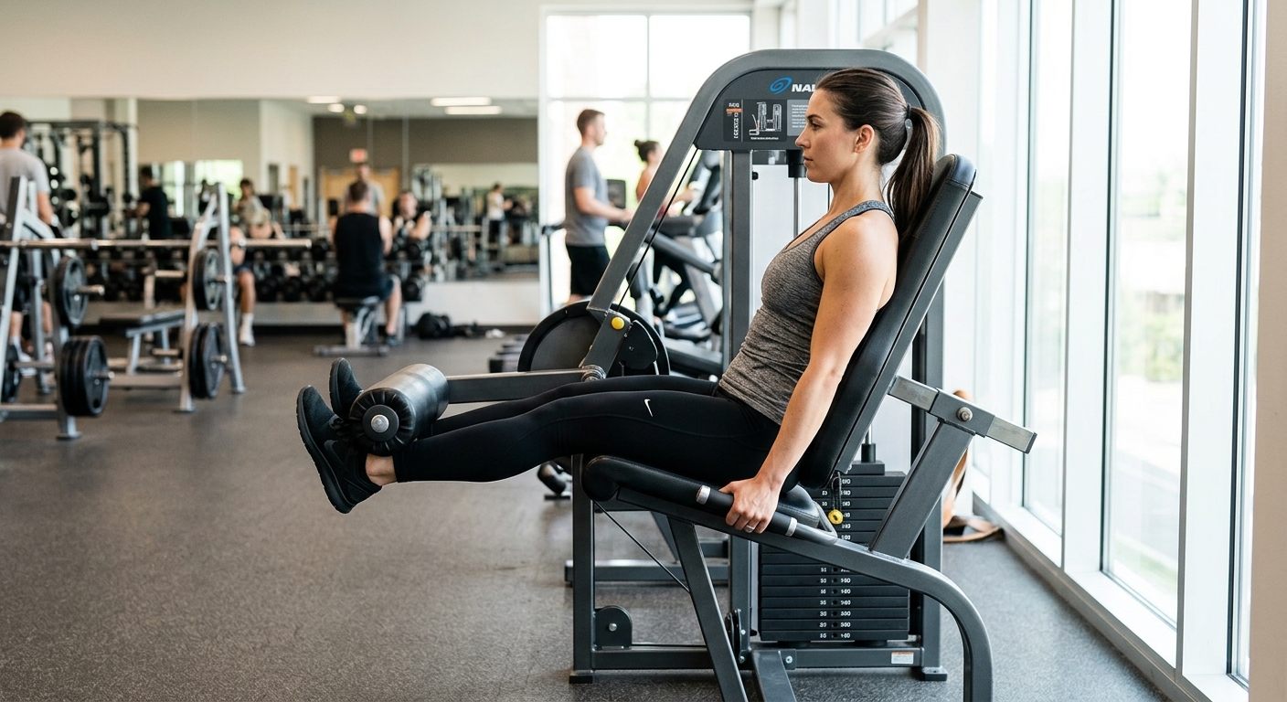 Persoon voert leg extension uit op een trainingsmachine met aandacht voor juiste houding en rugheuning.