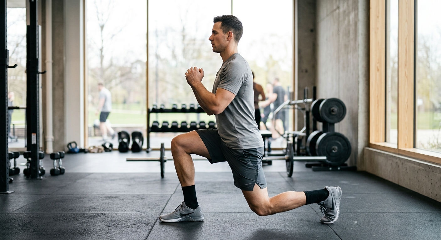 Man voert reverse lunge uit in fitnessruimte, voorste been gebogen, achterste knie naar beneden.