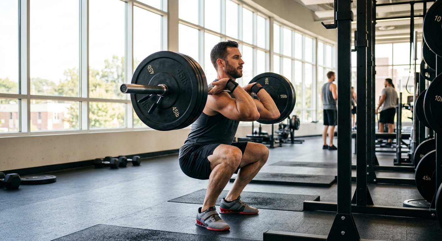 Man voert front squat uit met halter in fitnessruimte, gezien vanaf de zijkant.