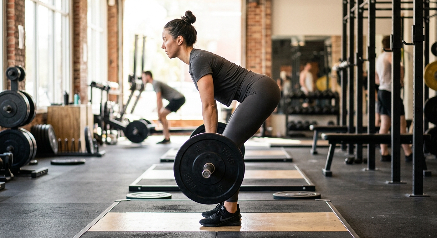 Persoon voert stiff leg deadlift uit met rechte rug en minimale kniebending, halters in handen.