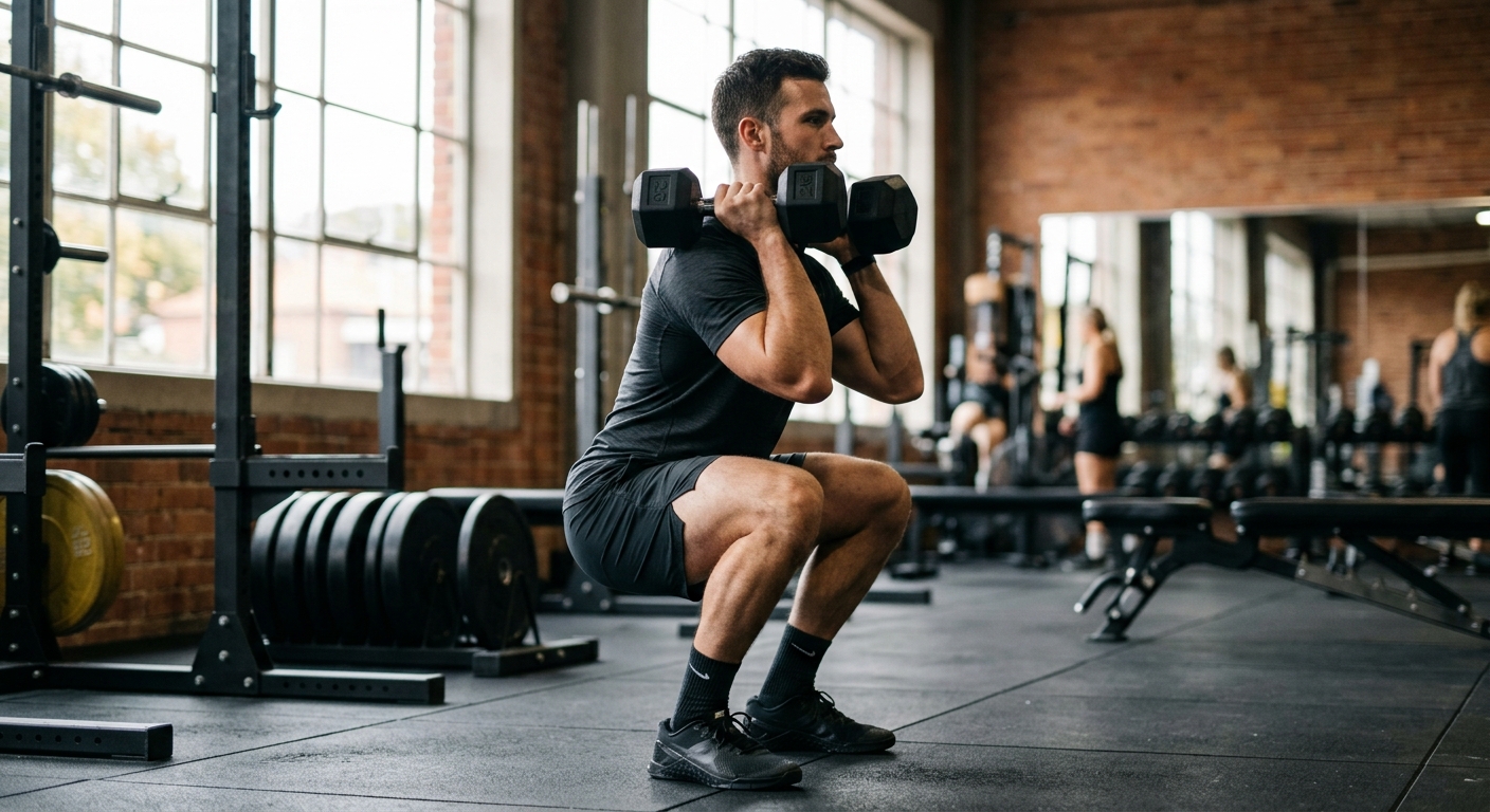 Man voert dumbbell squat uit met halters ter hoogte van zijn schouders, in diepe hurpositie in sporthal.