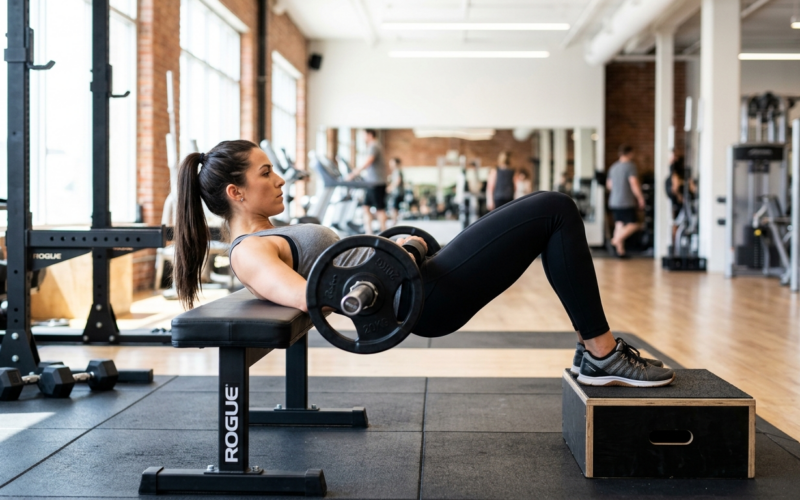 Persoon voert hip thrust uit op een trainingsbank in een sportschool met natuurlijk licht.