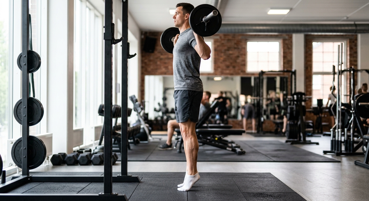 Man voert standing calf raise uit met gecontroleerde beweging, hielen omhoog, in een helder trainingsruimte.