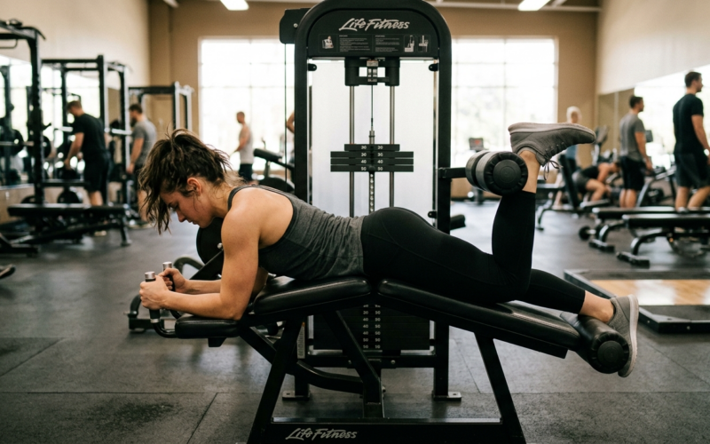Trainingsperson voert prone leg curl uit op fitnessapparatuur in liggende positie met gebogen been.