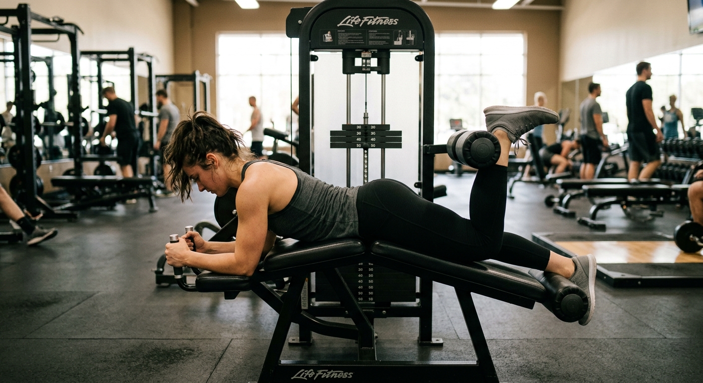 Trainingsperson voert prone leg curl uit op fitnessapparatuur in liggende positie met gebogen been.