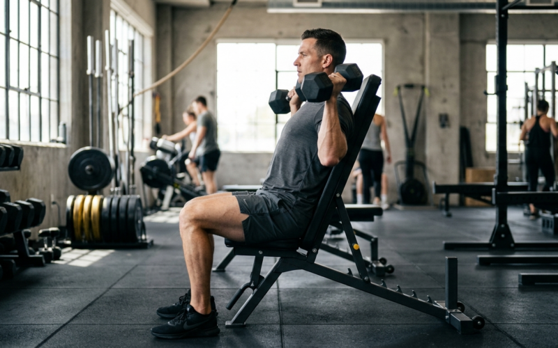 Man voert shoulder press uit met halters in sporthal, gezien van opzij met correcte houding.