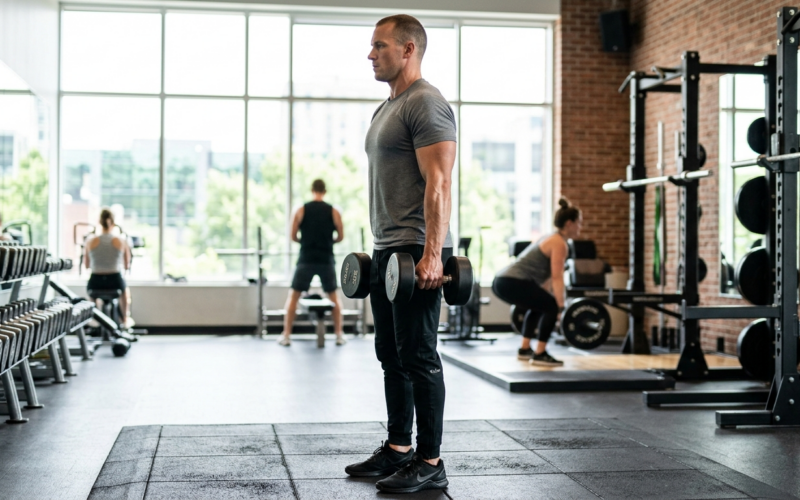 Man voert schouderophalen met halters uit in fitnessomgeving, rechtop staand met halters in beide handen.