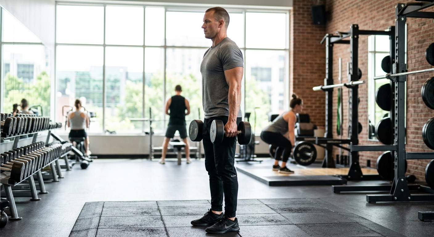 Man voert schouderophalen met halters uit in fitnessomgeving, rechtop staand met halters in beide handen.
