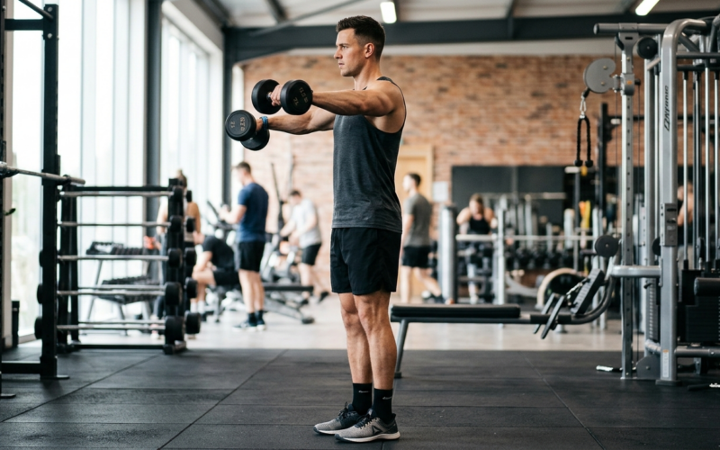Man voert zijwaartse armheffingen uit met dumbbells tot schouderhoogte in een sporthal.