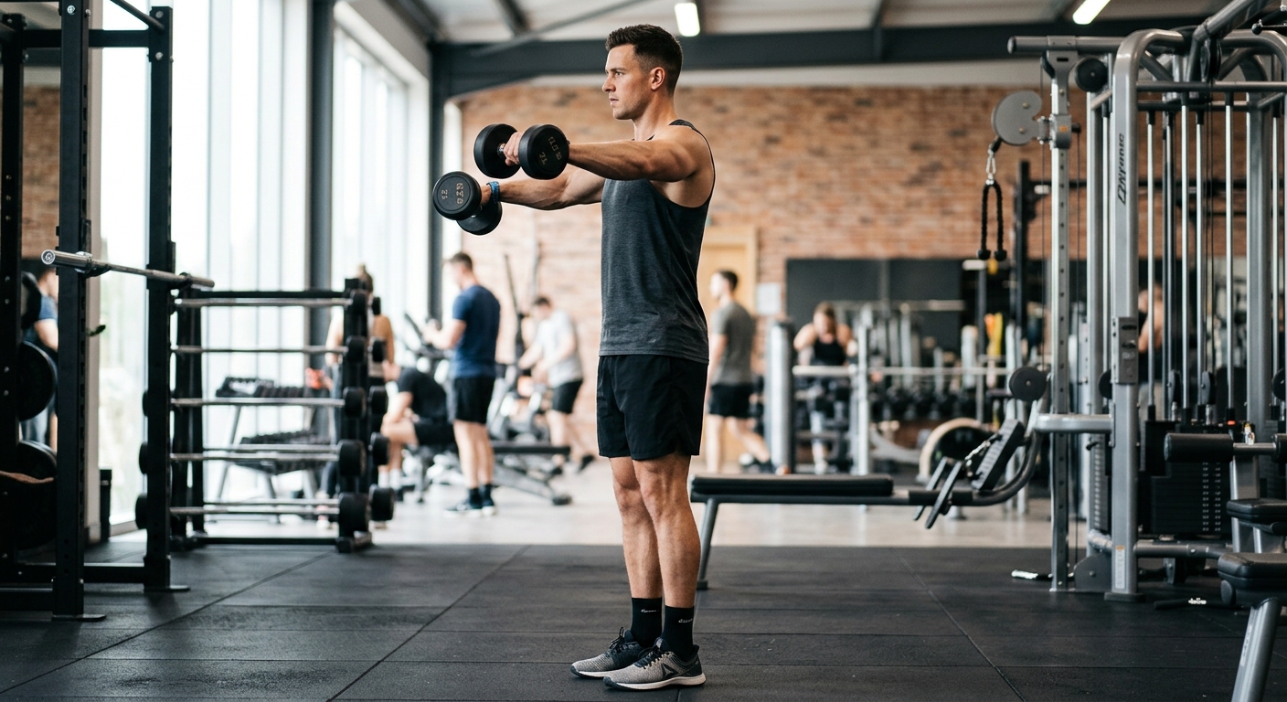 Man voert zijwaartse armheffingen uit met dumbbells tot schouderhoogte in een sporthal.