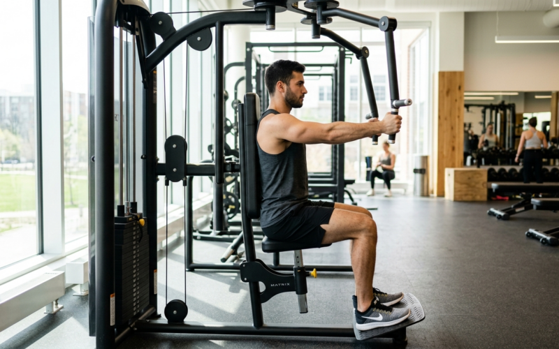Persoon zit aan een rear delt machine en voert een trekoefening uit met de armen naar achteren gestrekt.