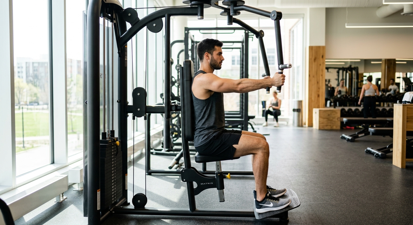 Persoon zit aan een rear delt machine en voert een trekoefening uit met de armen naar achteren gestrekt.