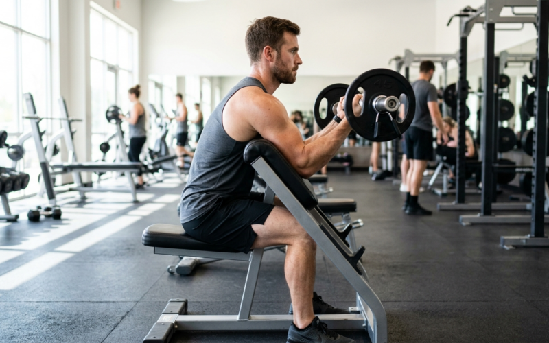 Man voert preacher curl uit met halter, ellebogen op steunpad, neutrale sportkleding in trainingsomgeving
