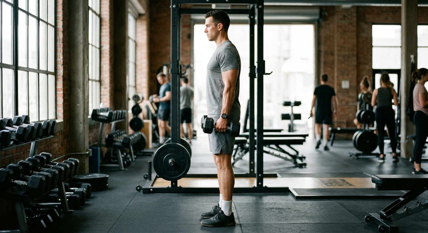 Man voert reverse curl uit met halters, zijdelings gezien in sportieve houding met rechte rug.