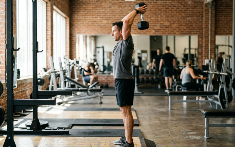 Man voert triceps oefening uit met halter boven zijn hoofd in trainingsstudio.