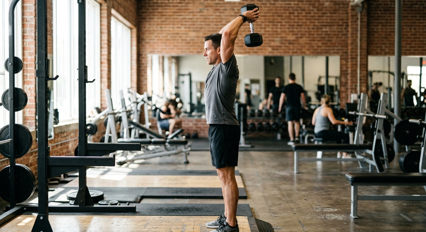 Man voert triceps oefening uit met halter boven zijn hoofd in trainingsstudio.