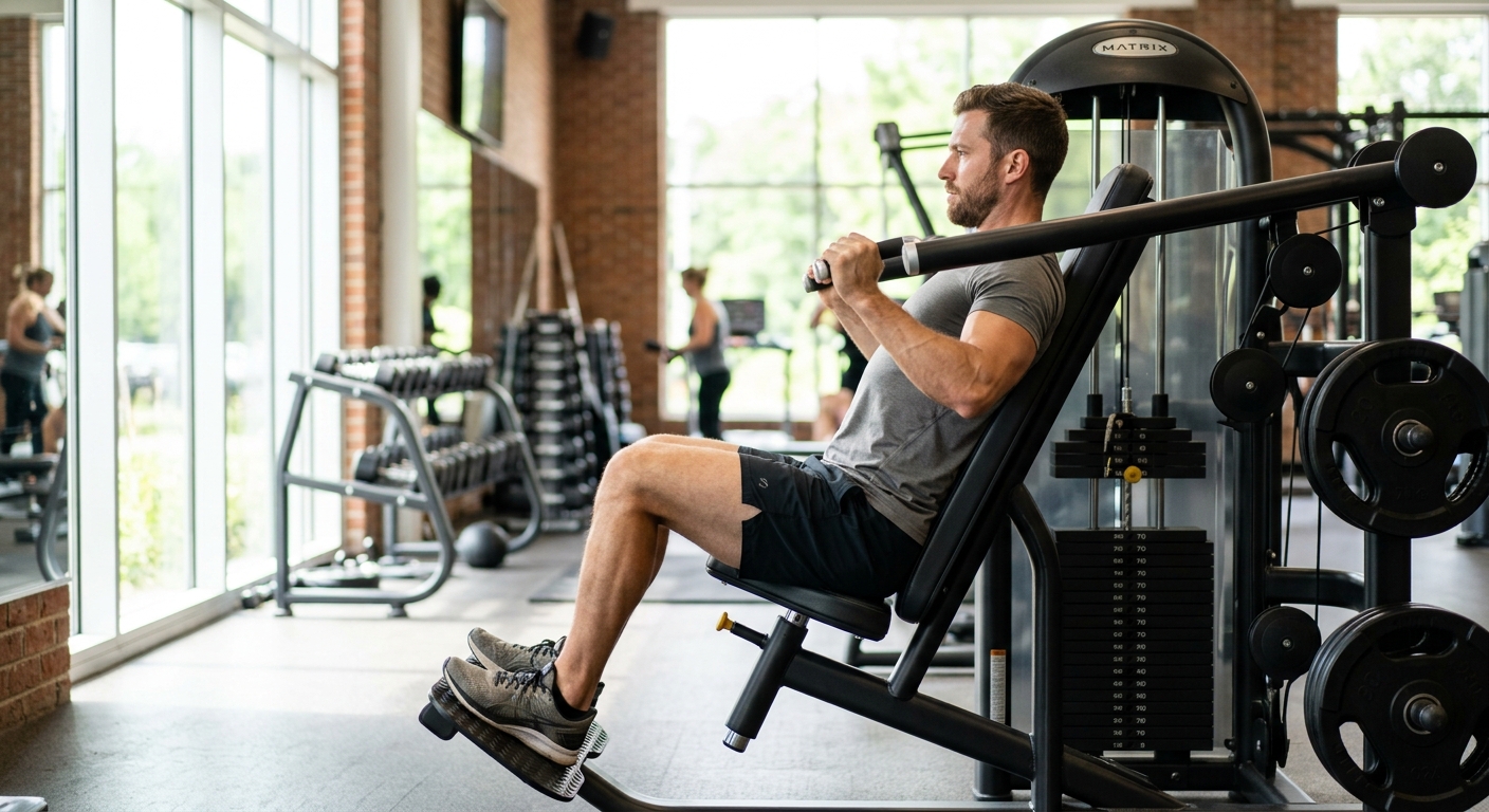 Man zit aan decline chest press machine met handen aan de handvatten, rechte houding, natuurlijk licht in sportschool.