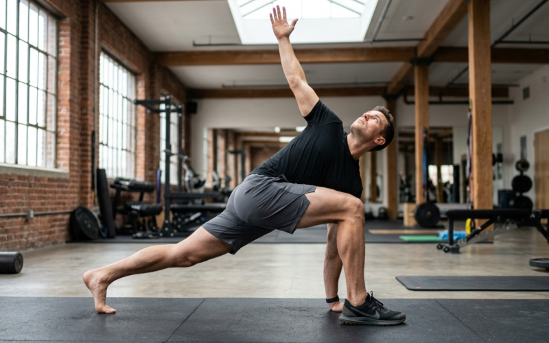 Man voert de world's greatest stretch uit in sporthal, in uitfallershouding met rotatie van de romp.
