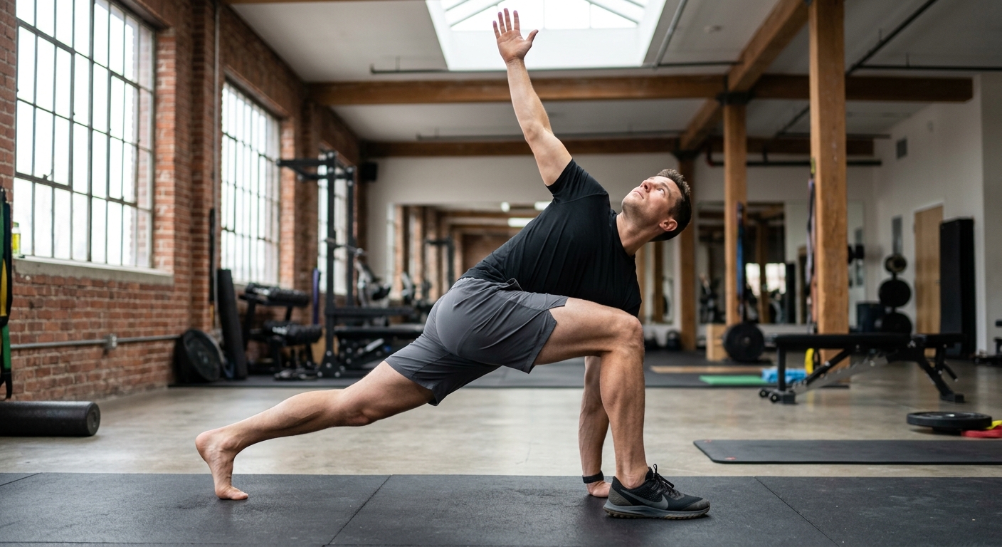 Man voert de world's greatest stretch uit in sporthal, in uitfallershouding met rotatie van de romp.