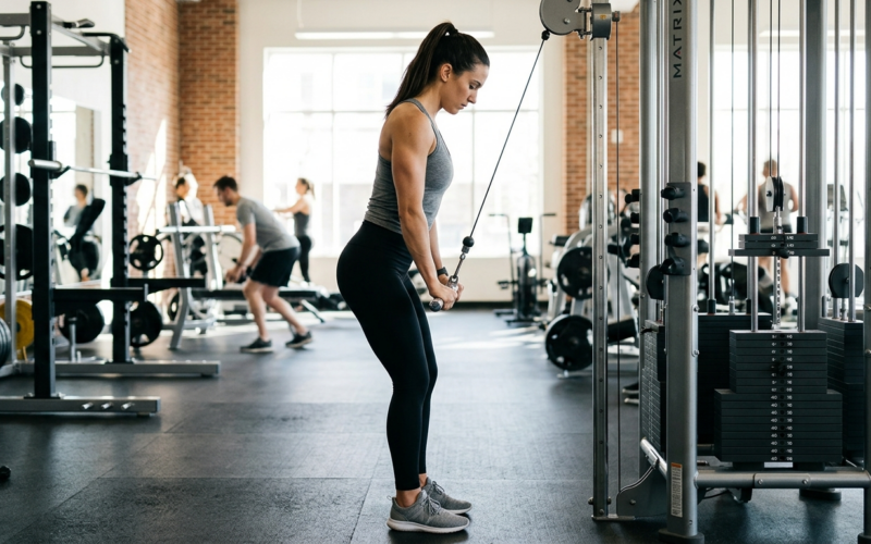 Persoon voert tricep pushdown uit aan kabelmachine met correcte lichaamshoudng en ellebogen tegen het lichaam.