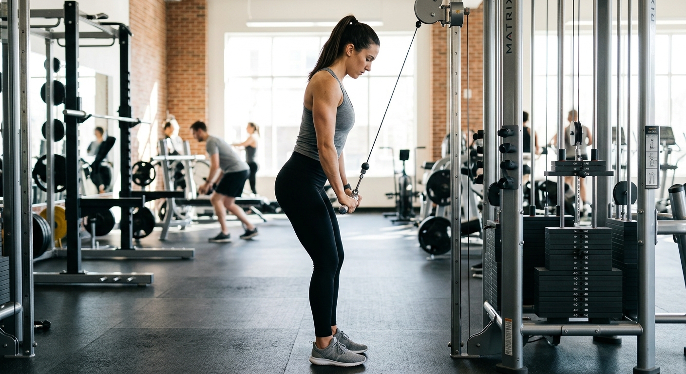 Persoon voert tricep pushdown uit aan kabelmachine met correcte lichaamshoudng en ellebogen tegen het lichaam.