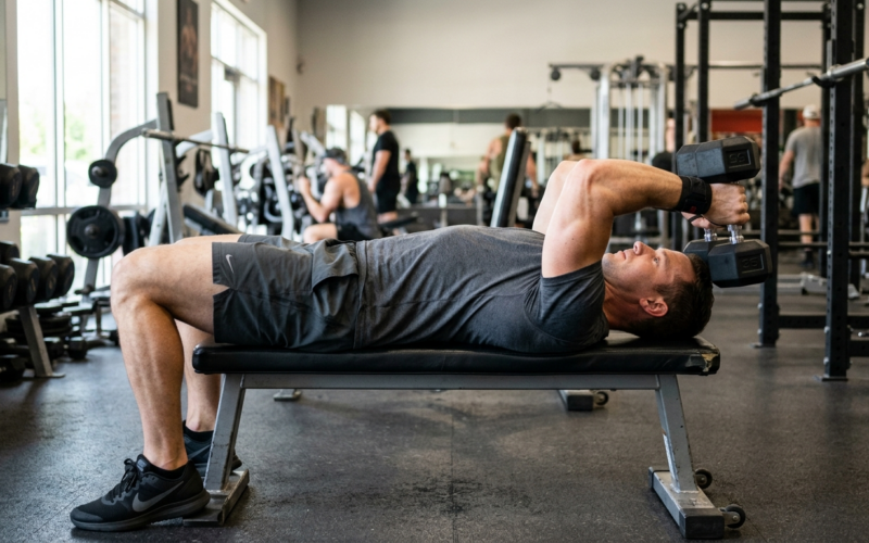 Man voert skull crushers uit met halters in een trainingsruimte, armen gebogen achter het hoofd.