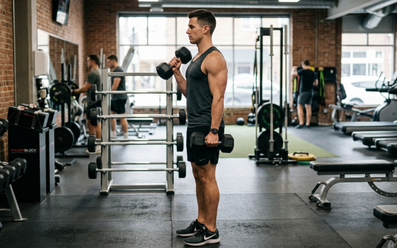Man voert hammer curls uit met halters in neutrale greep, staande in een sportschool met natuurlijk licht.